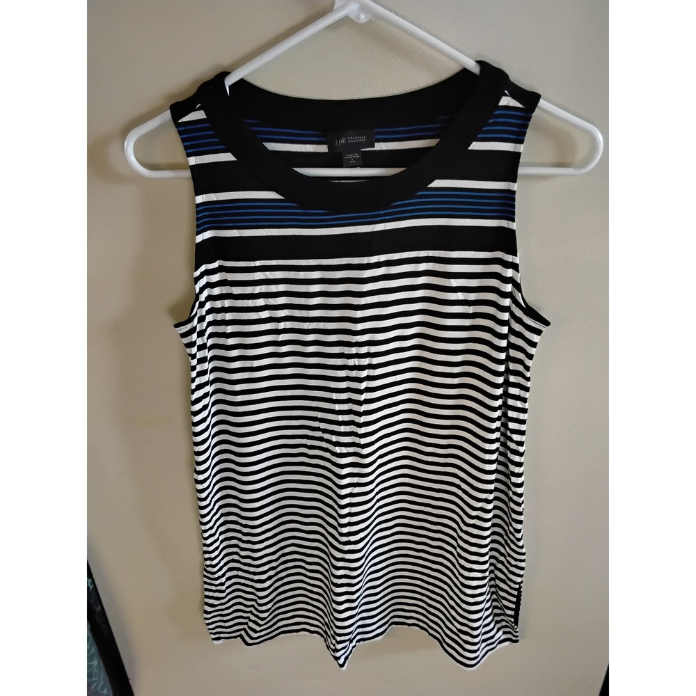 J. Jill Wearever Striped Sleeveless Top Black White Blue Crew Neck Small Tall